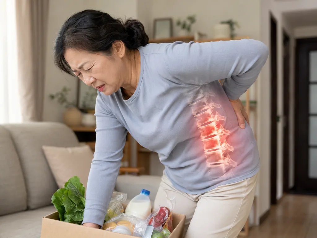 荷物を持ち上げる際に腰を押さえる女性と腰椎のイメージ