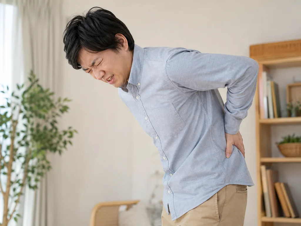 腰に手を当てて前かがみになる男性のイメージ