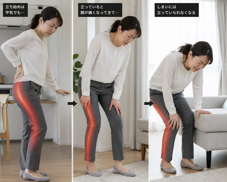 立っていると脚の痛みが強くなる様子を表したイメージ
