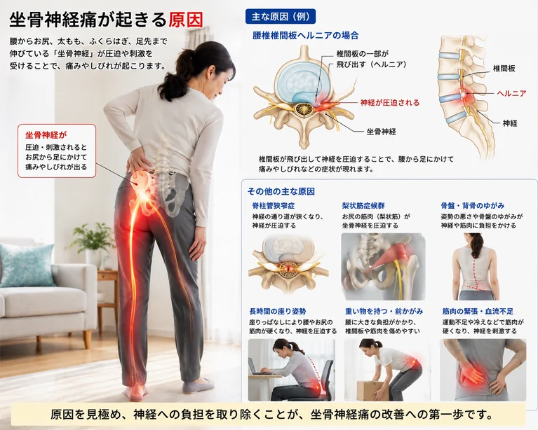 坐骨神経の位置と痛み・しびれに関係する要因の説明図