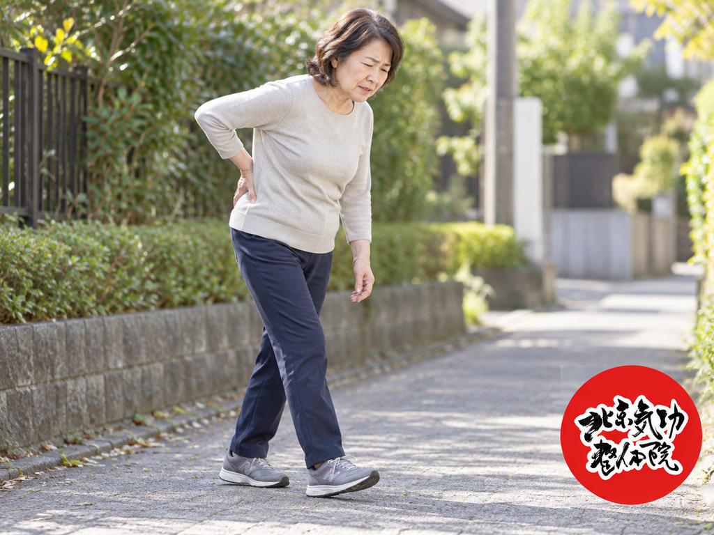 屋外を歩きながら腰を押さえる女性のイメージ