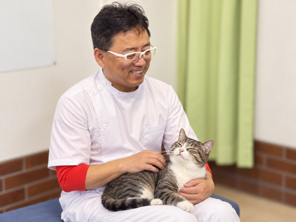 膝の上の猫をなでる院長 李光林