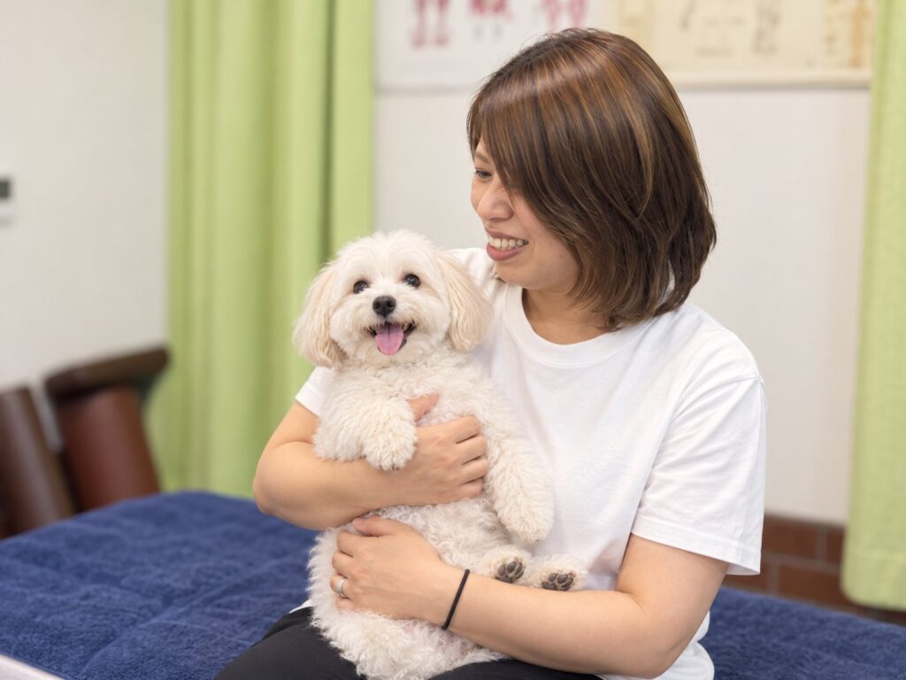 白い犬を抱く女性