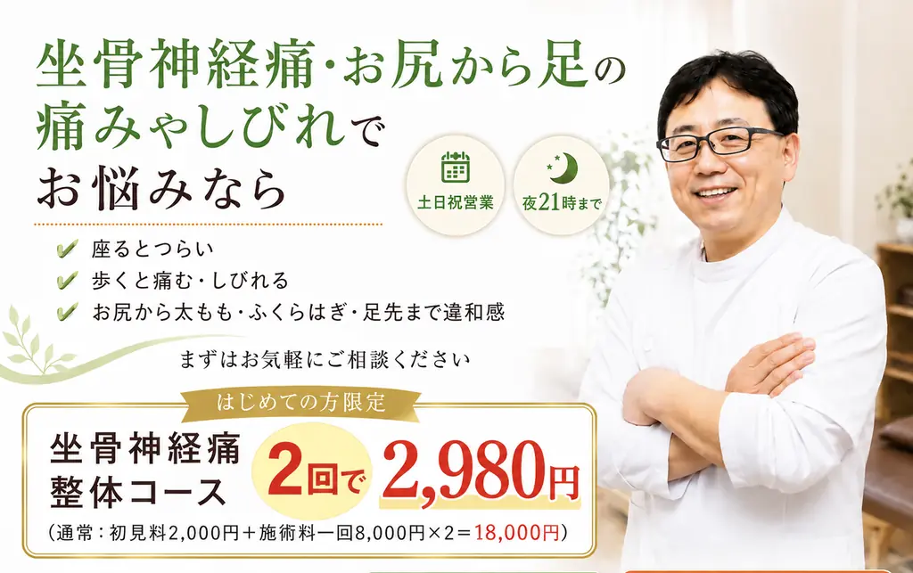 八尾市 北京気功整体院|坐骨神経痛の整体 初回限定2回で2,980円(税込)